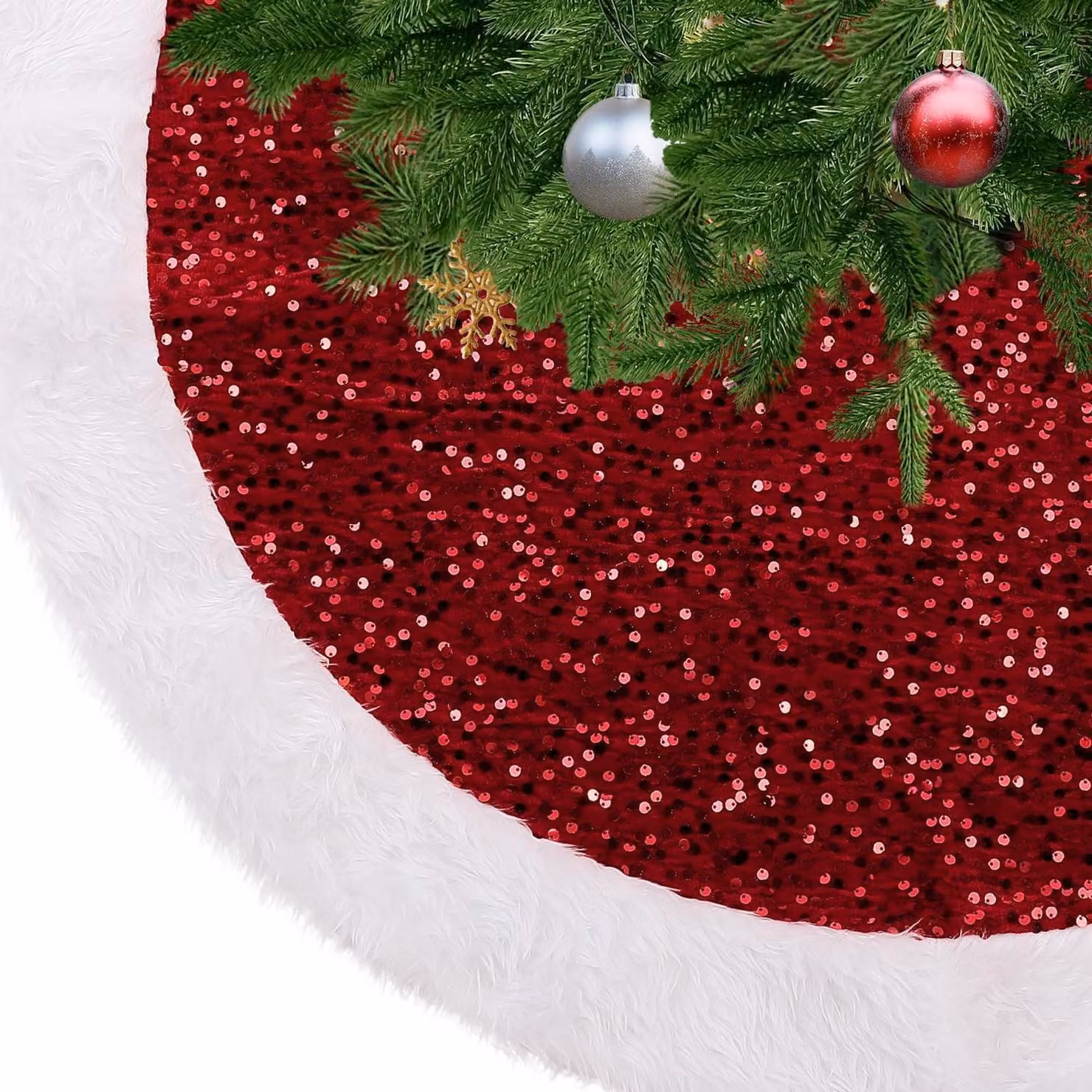 Copri albero di Natale rotondo, con paillettes, diametro 78 cm, colore rosso