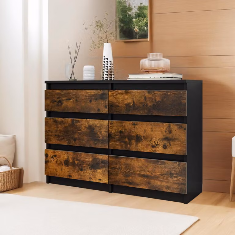 Comodino con 6 cassetti, dimensioni 100x30x70 cm, in legno, colore nero, stile rustico, finitura marrone