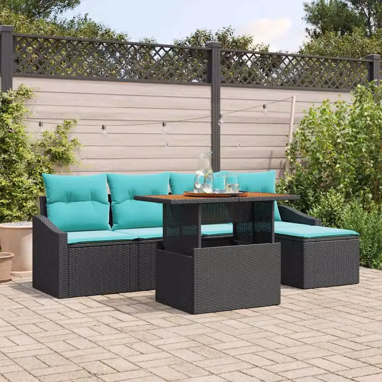 Set Divano da Giardino vidaXL 6 pz in Polyrattan con Cuscini, Colore Nero e Petrolio