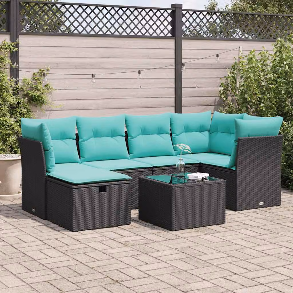 Set Divano da Giardino a L vidaXL con 7 Pezzi, Polyrattan e Cuscini Blu e Nero