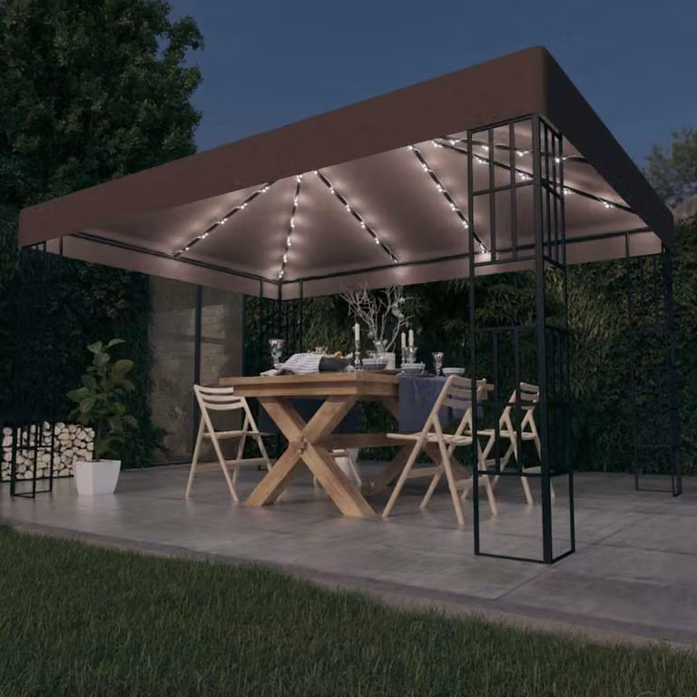 vidaXL Gazebo con Luci a Stringa LED in Acciaio e Poliestere, Grigio, L: 400 cm, P: 300 cm, H: 260 cm