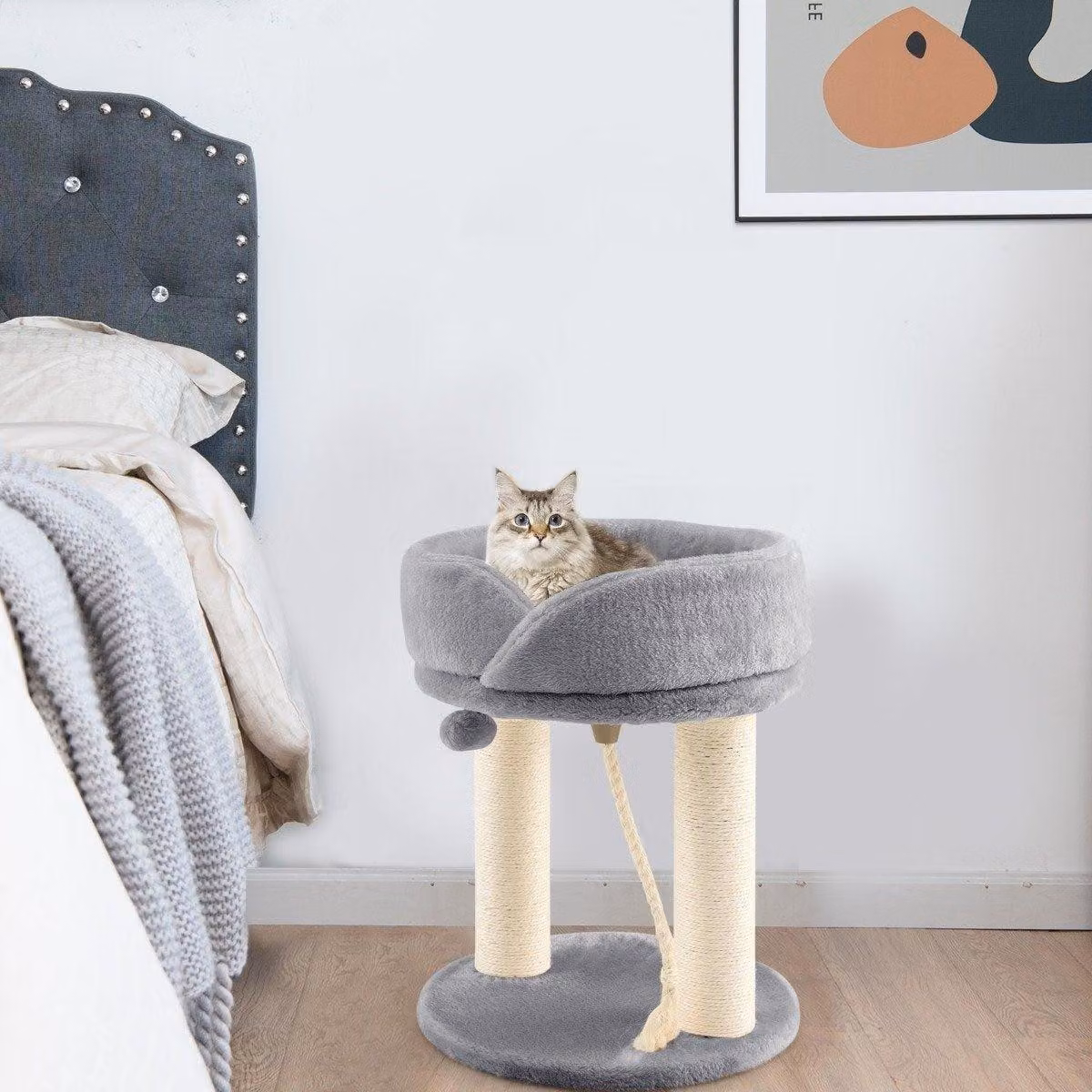 Tiragraffi per gatti con seduta morbida, torre in sisal per gatti grigio