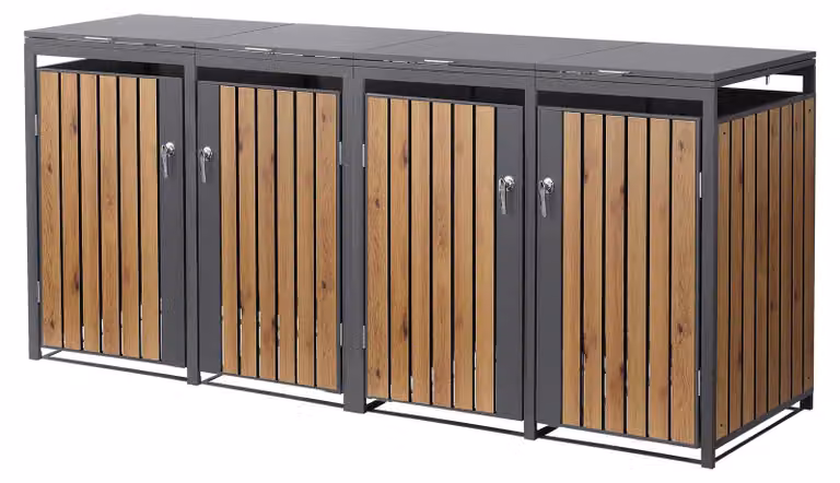 Contenitore per bidoni della spazzatura ML-Design, modello a 4 scomparti, per 4 bidoni da 240 litri, dimensioni 264x80x120 cm, finitura antracite effetto legno, realizzato in acciaio, resistente agli agenti atmosferici e dotato di serratura