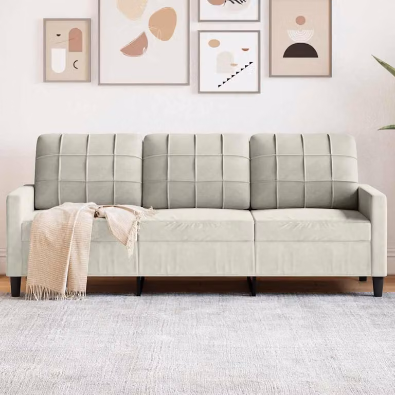 Divano a 3 posti moderno vidaXL in velluto beige con struttura in metallo e legno L: 197 cm, P: 80 cm, H: 77 cm