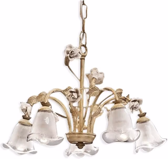 Lampadario a sospensione classico Ferroluce Siena in metallo, ceramica e vetro nero sfumato e oro lucido con 5 luci E14