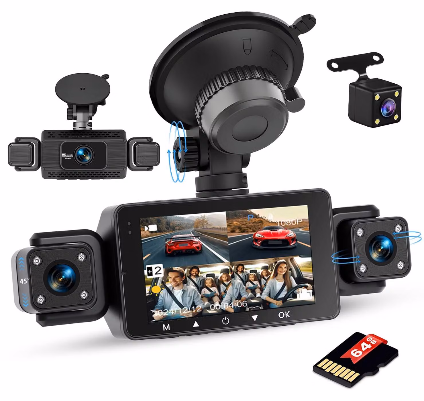 Registratore per auto con telecamera frontale HD 1080P, 3 telecamere e scheda SD da 64G