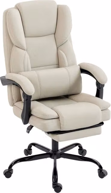 Sedia da ufficio ergonomica moderna in similpelle beige con poggiapiedi, poggiatesta e rotazione a 360 gradi, H: 119 cm, L: 65 cm, P: 67 cm
