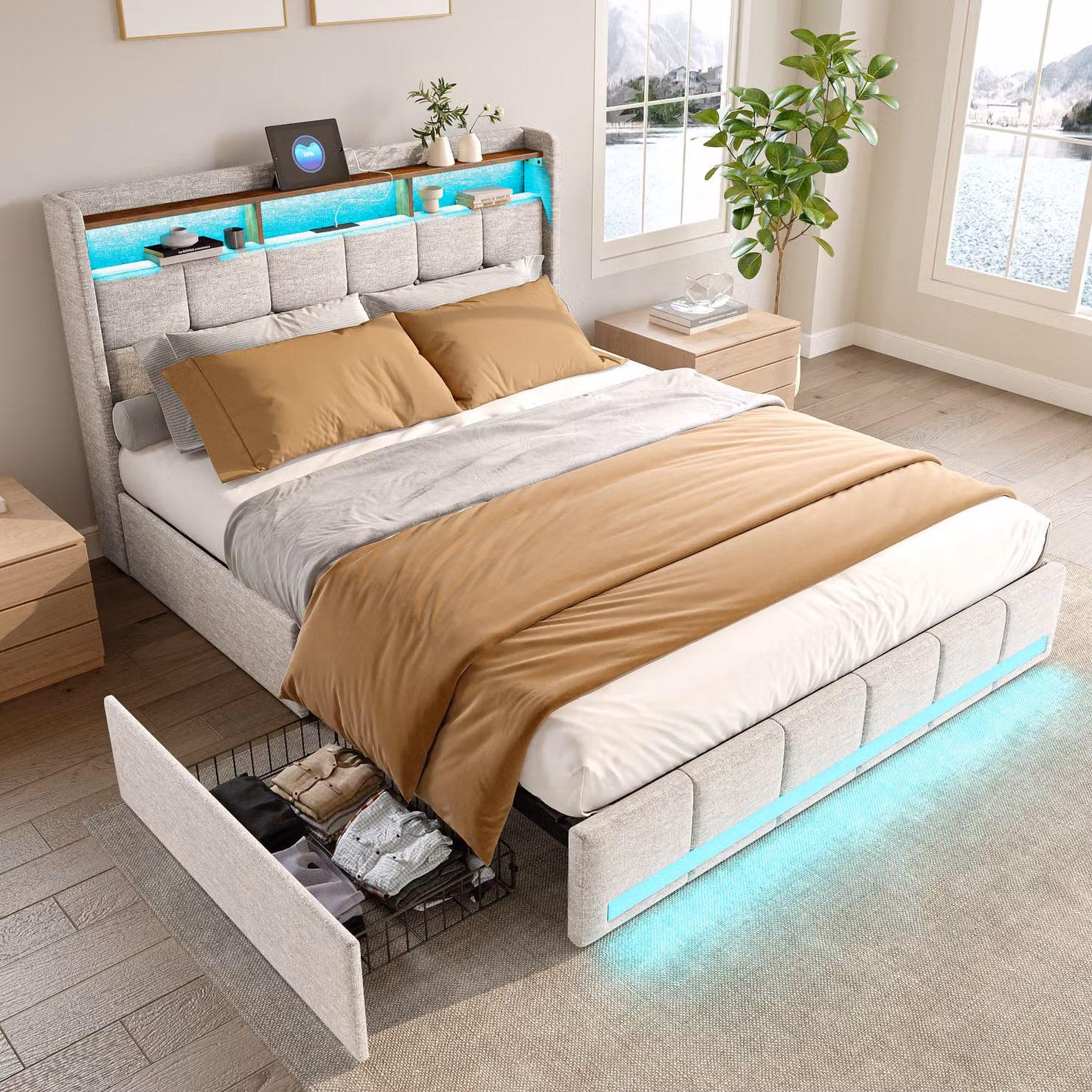 Letto 140 x 200 cm in lino beige con testiera illuminata, 4 cassetti in metallo, spazio di archiviazione integrato e porte USB e Type-C.
