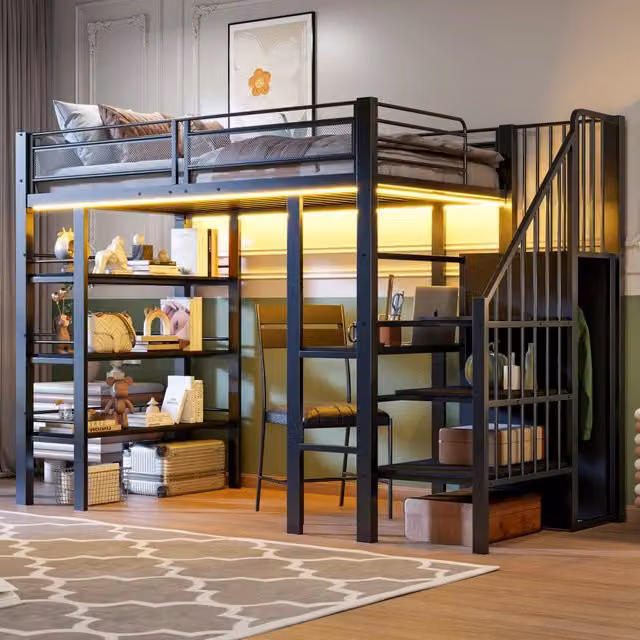 Letto a soppalco 90x200 cm in metallo nero con LED, scrivania, libreria e scala contenitore