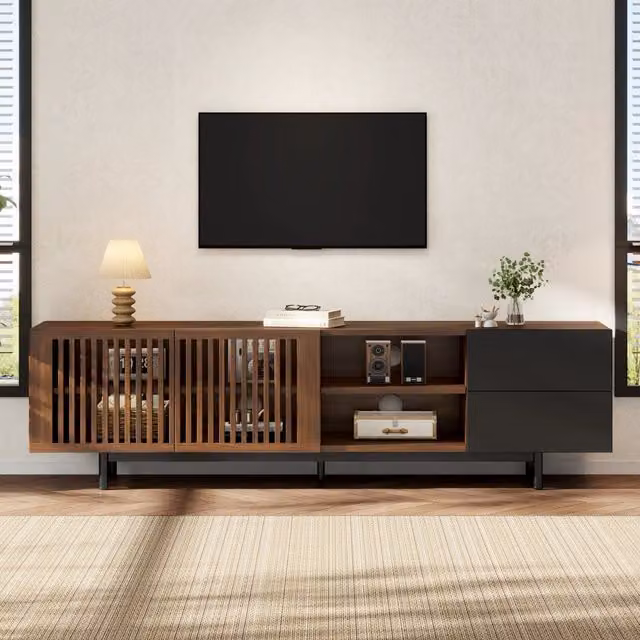 Desviae Mobile porta TV in MDF con 2 ante a lamelle 2 cassetti e vani aperti nero noce per soggiorno 160 × 38 × 50 cm