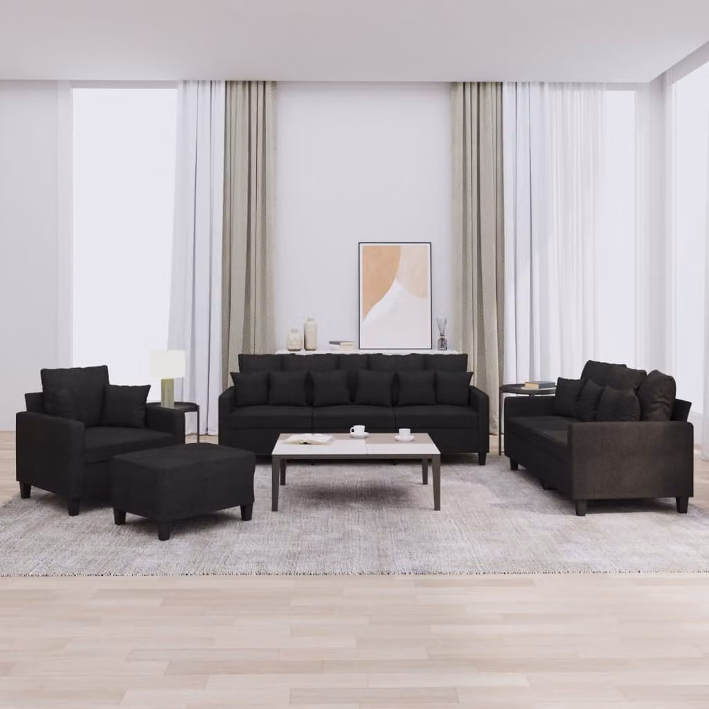 Set di Divani vidaXL 4 Pezzi Moderno in Tessuto Nero con Cuscini e Pouf per Soggiorno – 1