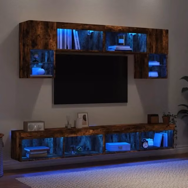 Mobili TV a Muro con LED 6pz Rovere Fumo in Legno Multistrato 3216708