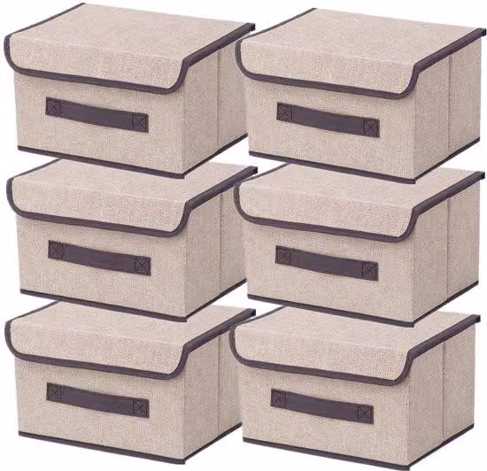 Ibenzoa® Set di 6 contenitori pieghevoli con coperchio, beige/bianco – 26 x 19 x 16 cm, leggeri e stabili, bordi rinforzati, capacità di carico di 5 kg