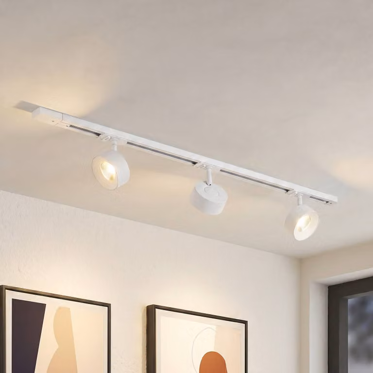 Sistema di binari Lindby Linaro, Ø 9,5 cm, a 3 luci, LED, bianco Linaro, Bianco / Opale, Studio / Ufficio, Alluminio, Moderno