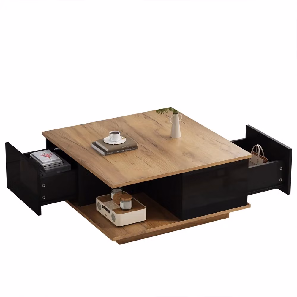 Tavolino da caffè Minimal con 3 cassetti, nero effetto rovere lucido, L/P/H: 70 x 70 x 31,5 cm – 2