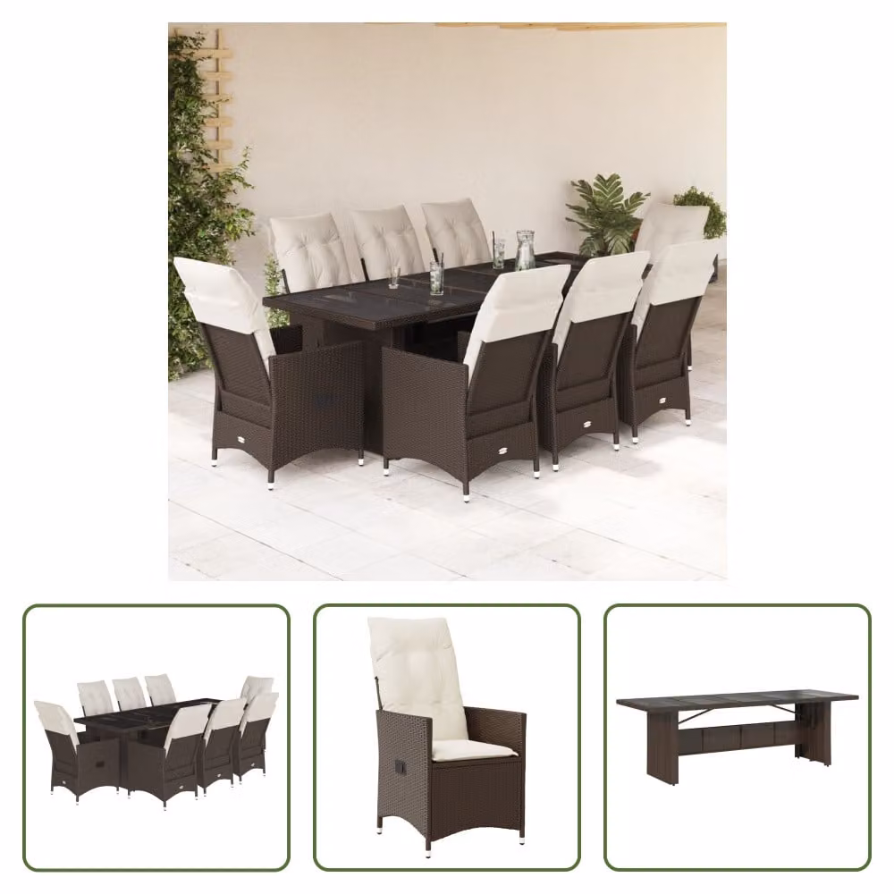 The Living Store Set bistrot da giardino da 9 pezzi con cuscini in poly rattan marrone