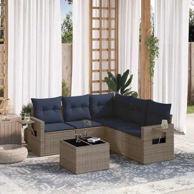 Set di divani da giardino a L con tavolo vidaXL, 6 pezzi in rattan con cuscini grigi e blu e struttura in metallo rivestito