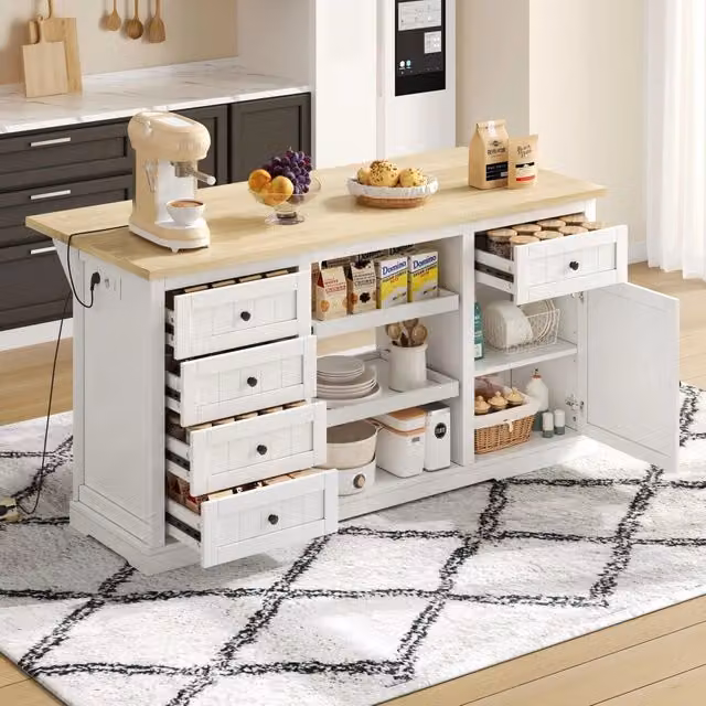 Credenza OKWISH bianca con piano ribaltabile, 5 cassetti e prese USB integrate per cucina e soggiorno L: 150 cm, P: 65 cm, H: 75.5 cm