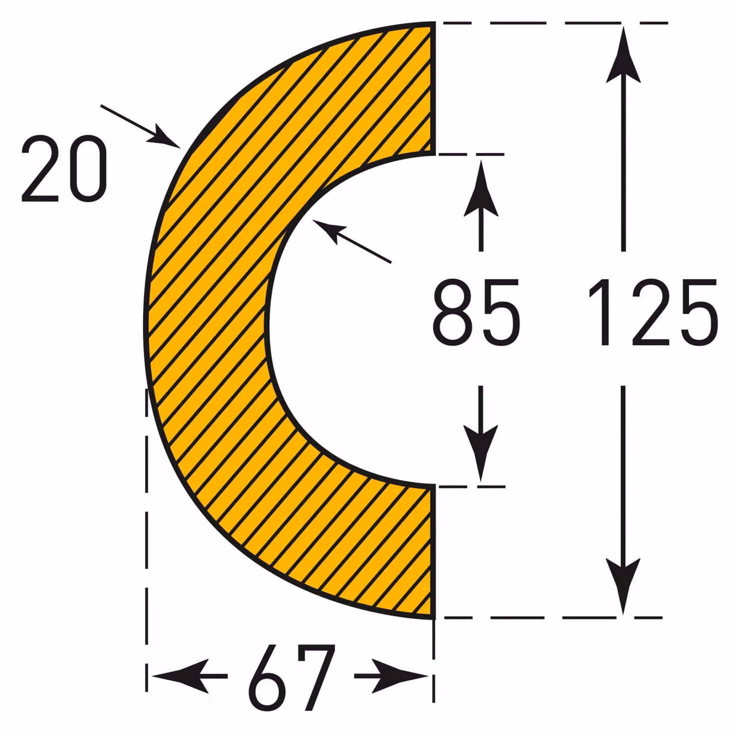 Profilo di avviso e protezione, protezione tubi, curva, 85/135x67 mm, giallo/nero, autoadesivo, lunghezza 1000 mm