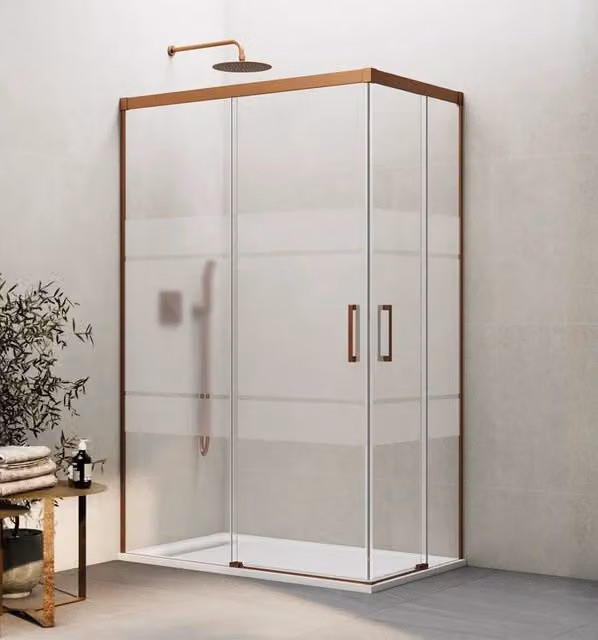 Box doccia angolare BASI con apertura al vertice in vetro satinato e finitura bronzo L 120 cm x P 75 cm