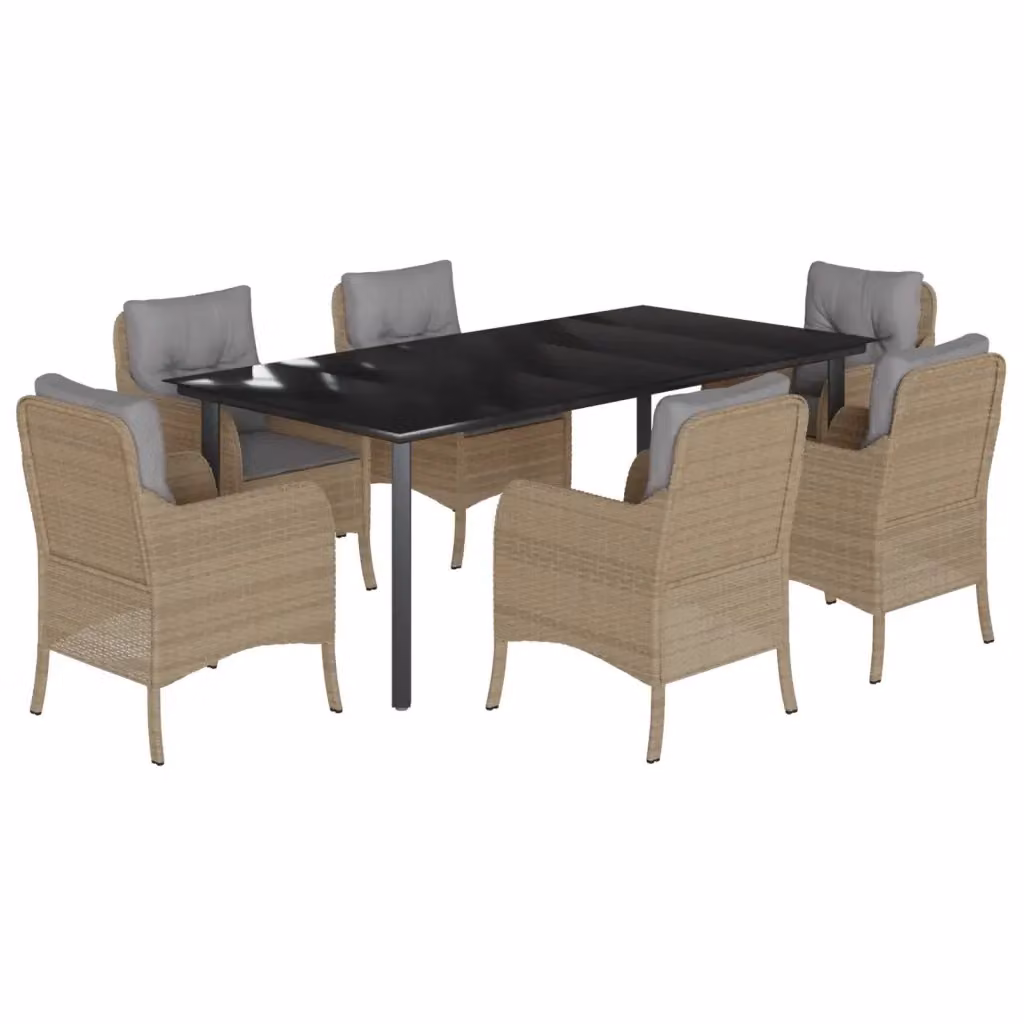 Set da pranzo da giardino vidaXL in polyrattan con tavolo in vetro e 7 pezzi con cuscini beige – 2