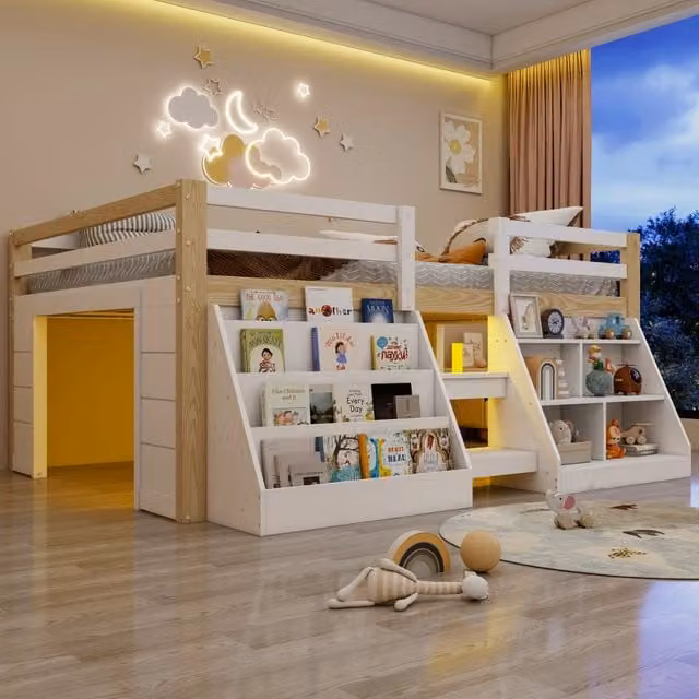 Letto rialzato a mezza altezza 140 x 200 cm; ripiani contenitore; barriera di sicurezza; scala; striscia LED; struttura in pino; naturale e bianco