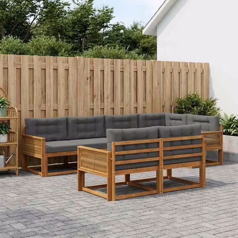 vidaXL Set di divani da esterno a forma di U composto da 8 pezzi in legno di acacia con cuscini, colore naturale e antracite