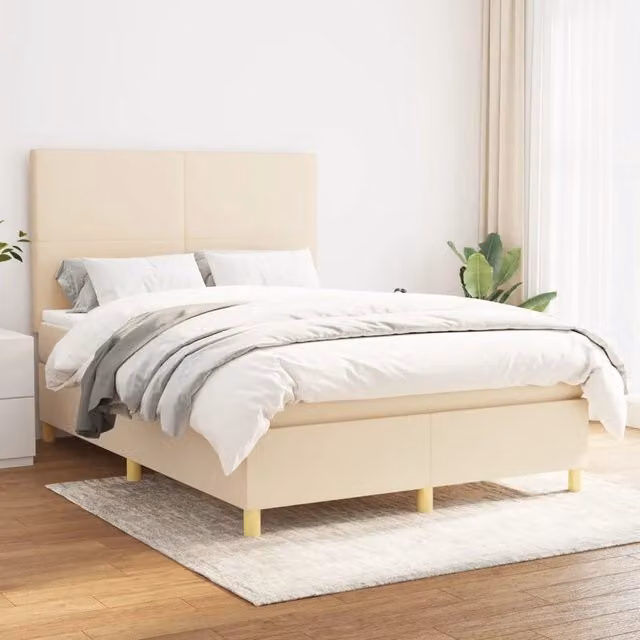 Letto Ibrido con Giroletto a Molle e Materasso vidaXL in Tessuto Beige e Bianco L/P/H: 140 x 190 x 128 cm