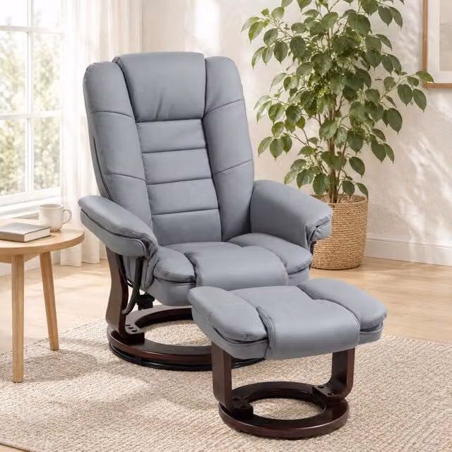 Poltrona Relax con Poggiapiedi Girevole a 360° in Ecopelle Grigia con Funzione Letto fino a 130 kg