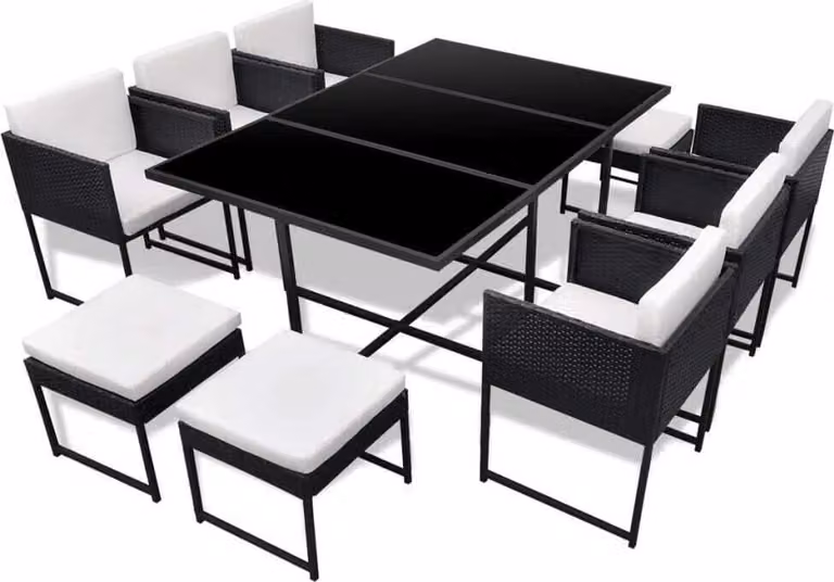 Set da Pranzo da Giardino 11 pz con Cuscini in Polyrattan Nero
