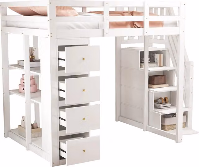Letto a soppalco 140x200 cm con 4 cassetti; ripiani e scala laterale; bianco