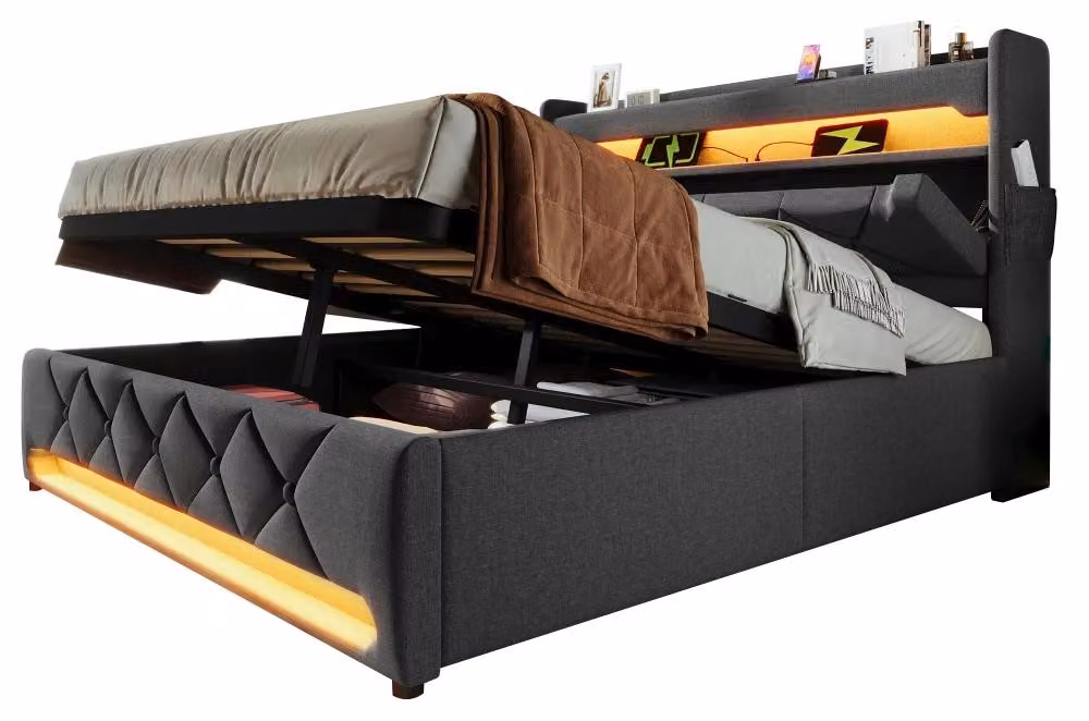 Letto imbottito con contenitore - Include materasso - Contenitore con sistema idraulico - Testiera con vano contenitore - Illuminazione LED a 360° - Porta USB - Dimensioni: 140 x 200 cm, colore grigio