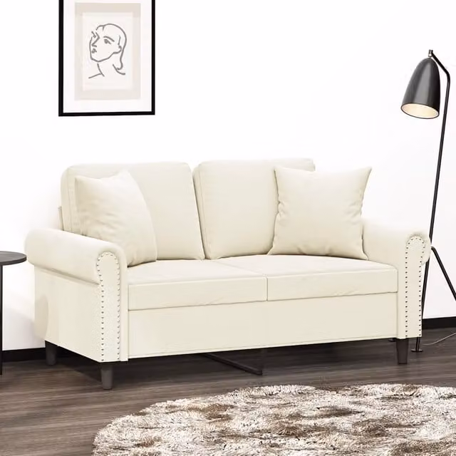 Divano a 2 posti moderno vidaXL in velluto beige con cuscini e struttura in metallo L: 152 cm, P: 80 cm, H: 77 cm