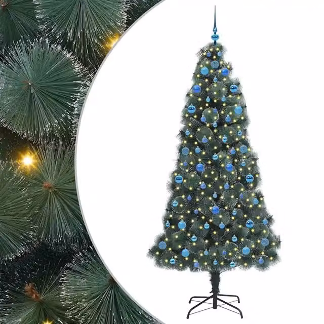 Albero di Natale artificiale verde con luci LED bianco caldo e set di palline decorativo moderno
