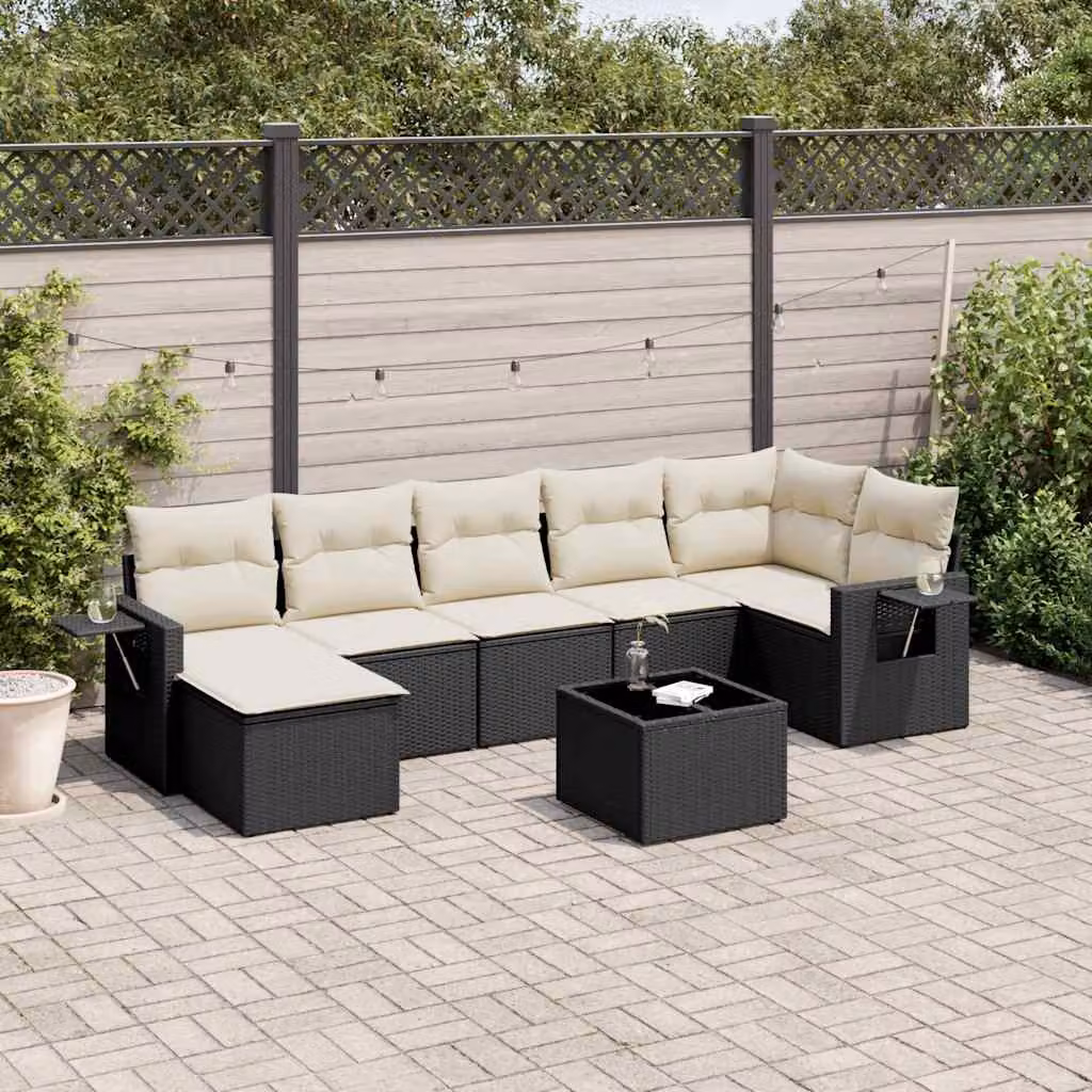 vidaXL Set Divani da Giardino in Polyrattan Nero con 8 Cuscini e Tavolino da Esterno – 1
