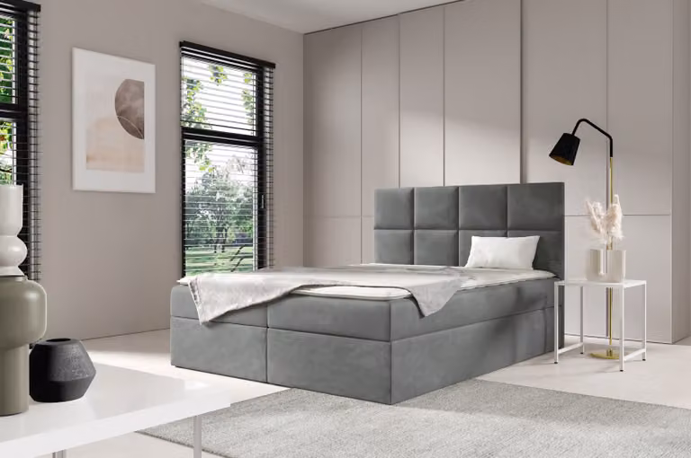Letto imbottito GUTTO modello SÁRA, dimensioni 200 x 200 cm, con 2 contenitori portaoggetti integrati, topper da 5 cm incluso, rivestito in velluto grigio