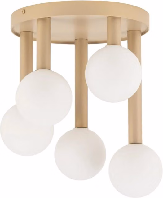 Plafoniera Sigma Lighting Perla con 5 sfere in vetro bianco e finitura oro/ottone, attacco G9