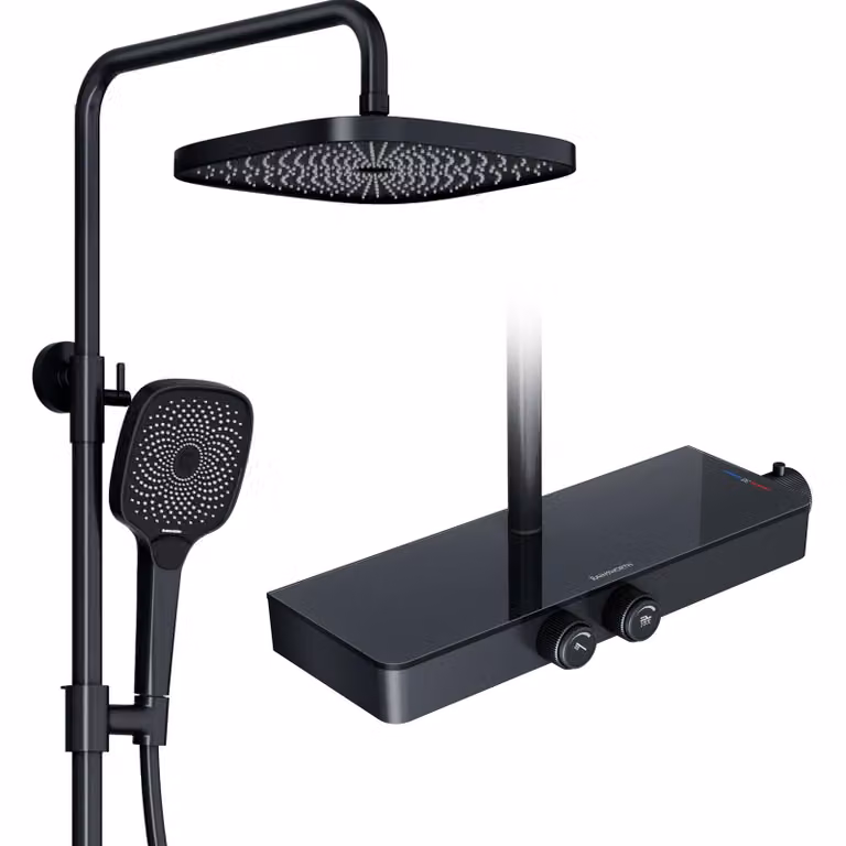 Sistema doccia Rainsworth con termostato e ripiano in vetro nero - Miscelatore doccia completo di doccia a pioggia 26 x 26 cm, doccetta 3 modalità di getto e bocca inferiore - Set doccia a pioggia con miscelatore