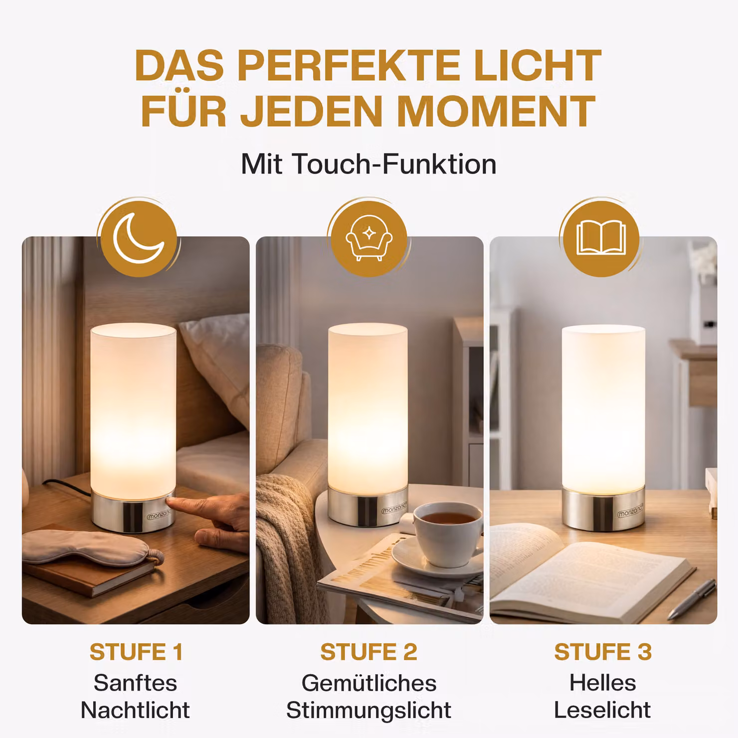 Set da 2 lampade da tavolo Golau monzana in metallo e vetro bianco e argento con tecnologia touch e lampadina inclusa – 2