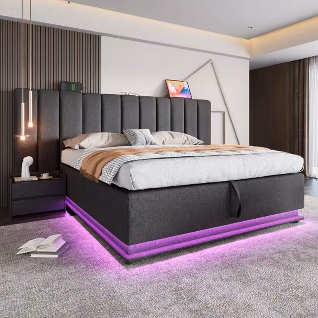 Letto matrimoniale 160x200 cm con contenitore idraulico; LED e ricarica USB; grigio