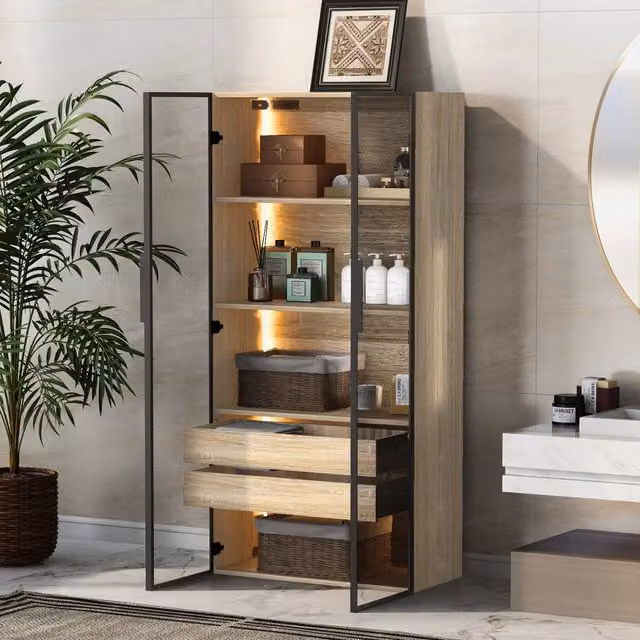 Armadio da bagno LED con 2 ante in vetro satinato, 2 cassetti e ripiani aperti, in MDF naturale, per soggiorno