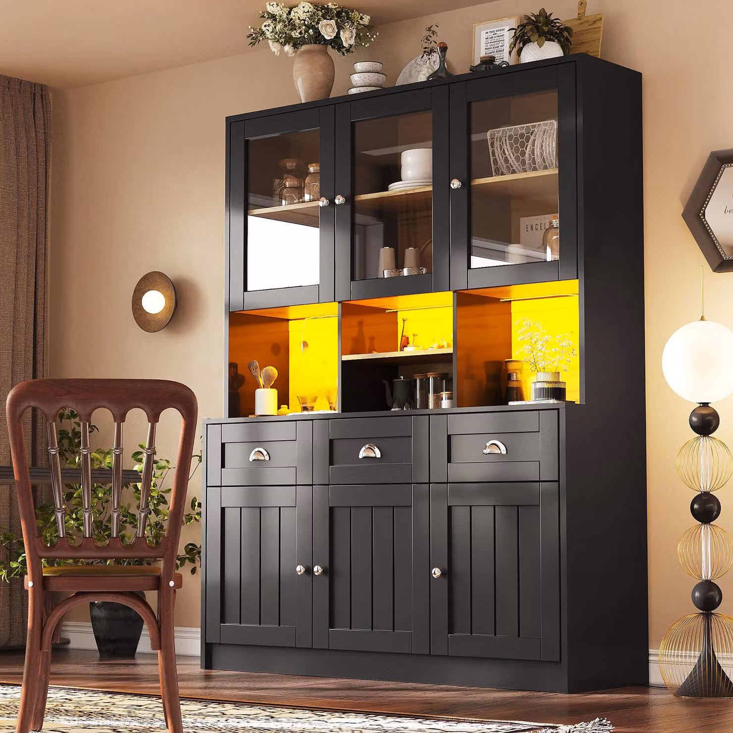 okwish Armadio alto, buffet, mobile da cucina con illuminazione LED variabile, vetrina Armadio da cucina con ripiani regolabili, nero