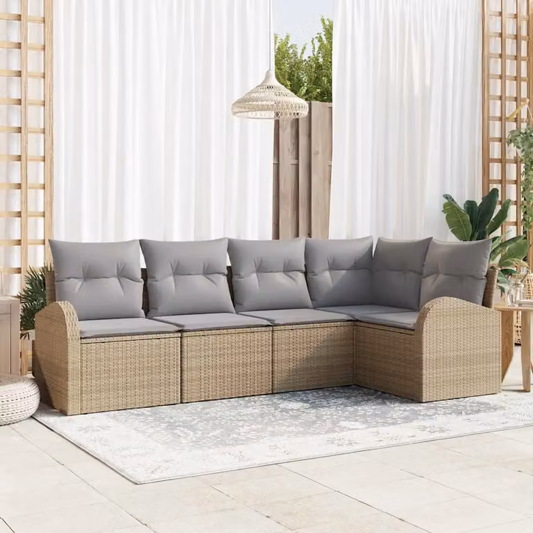 Set di divani da giardino vidaXL in polyrattan con cuscini beige e grigi a forma di L