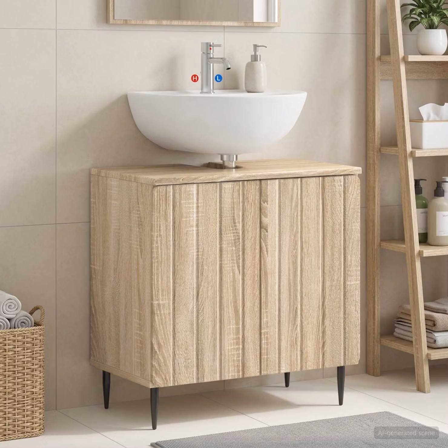 Armadio per lavabo da bagno vidaXL ZWOLLE Rovere Sonoma, moderno con ante a battente, marrone opaco, L: 59,5 cm, P: 31,5 cm, H: 59,0 cm