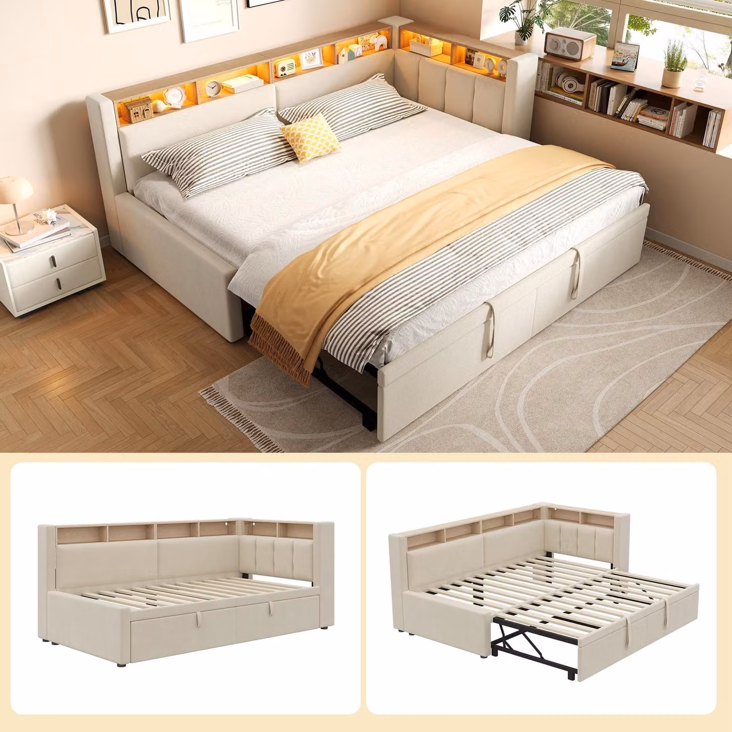 Letto a giorno 90 x 200 cm / 180 x 200 cm, divano letto estraibile con illuminazione a LED, poggiatesta imbottito a forma di L, vani portaoggetti aperti, tessuto in lino