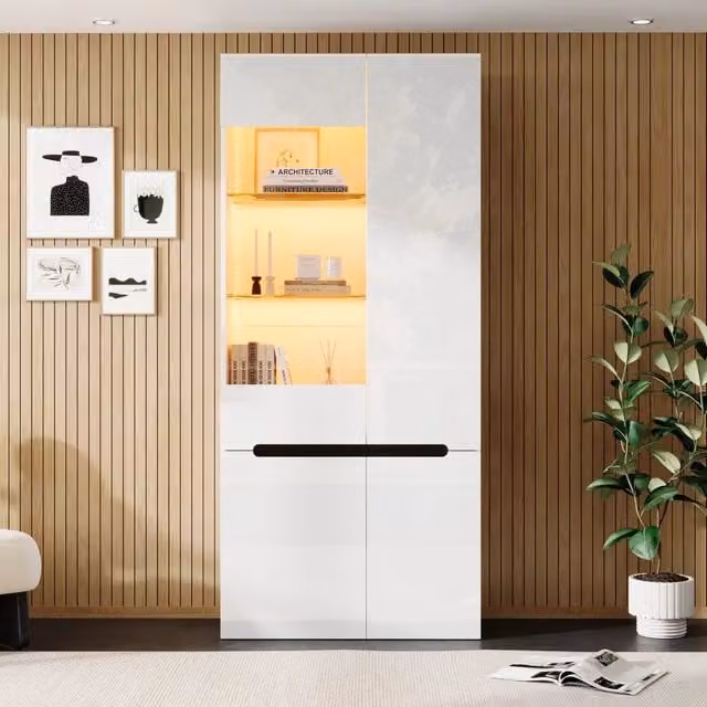 Vetrina, libreria, mobile contenitore, ante lucide, con illuminazione a LED, ripiani in vetro, bianco