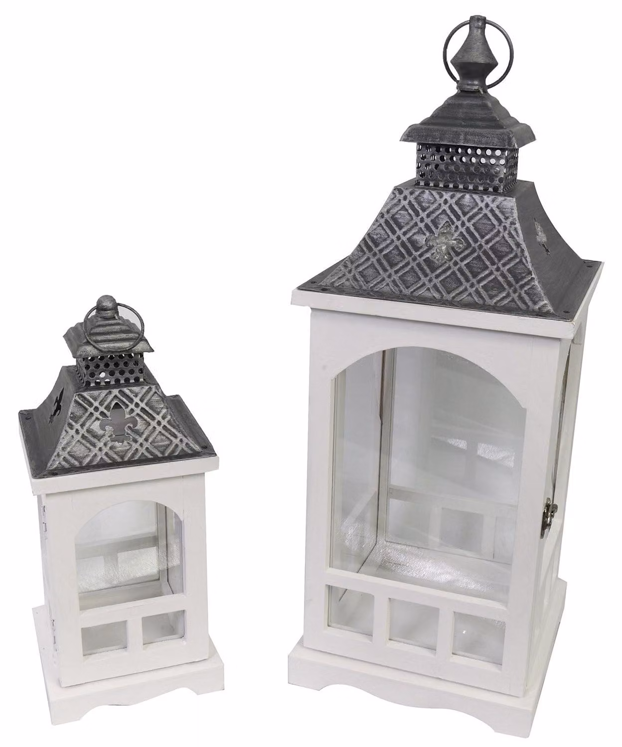 Set 2 Lanterne in Legno in Metallo bianco argento quadro