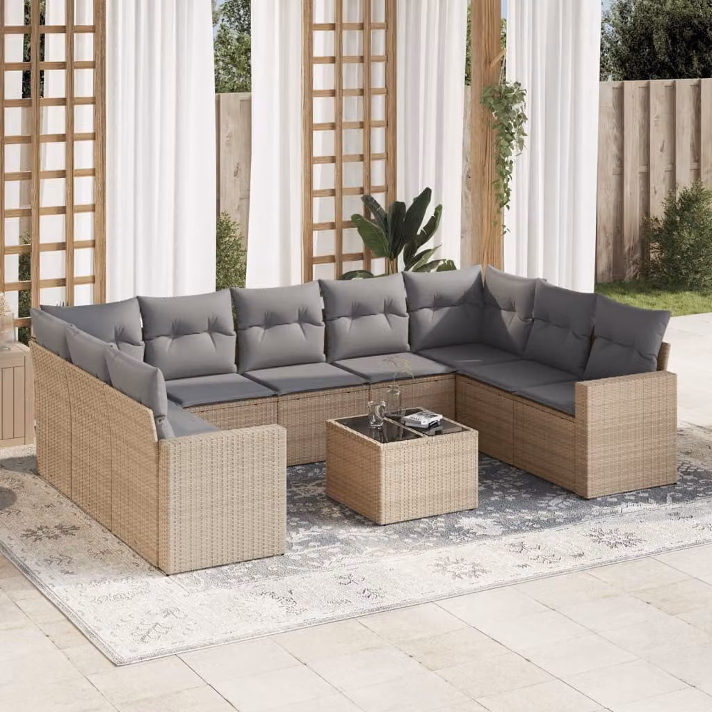 vidaXL Set Divano da Giardino 10 pz con Cuscini Beige e Tavolino in Polyrattan e Acciaio – 1