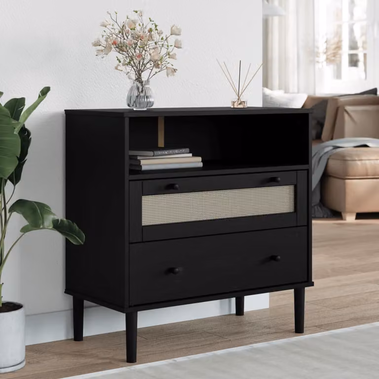 Credenza vidaXL SENJA in legno di pino massello con aspetto rattan, colore nero, L 80 cm x P 40 cm x H 80 cm