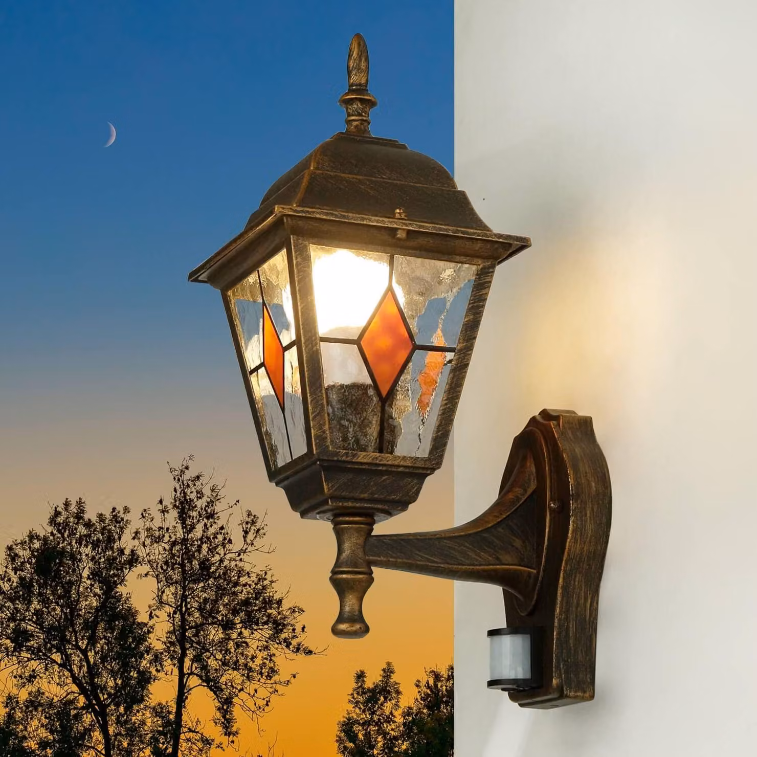 Lampada da parete esterna con sensore di movimento, finitura in rame anticato, 37,5 cm, attacco E27